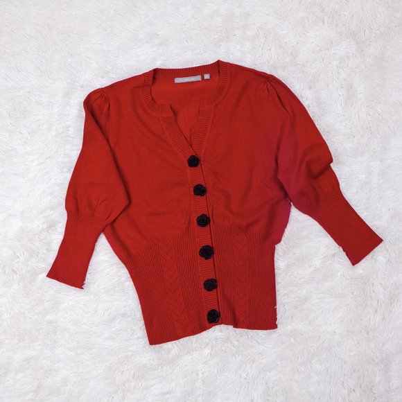 NY Collection Red Sweater with black rose buttons - Picture 2 of 10